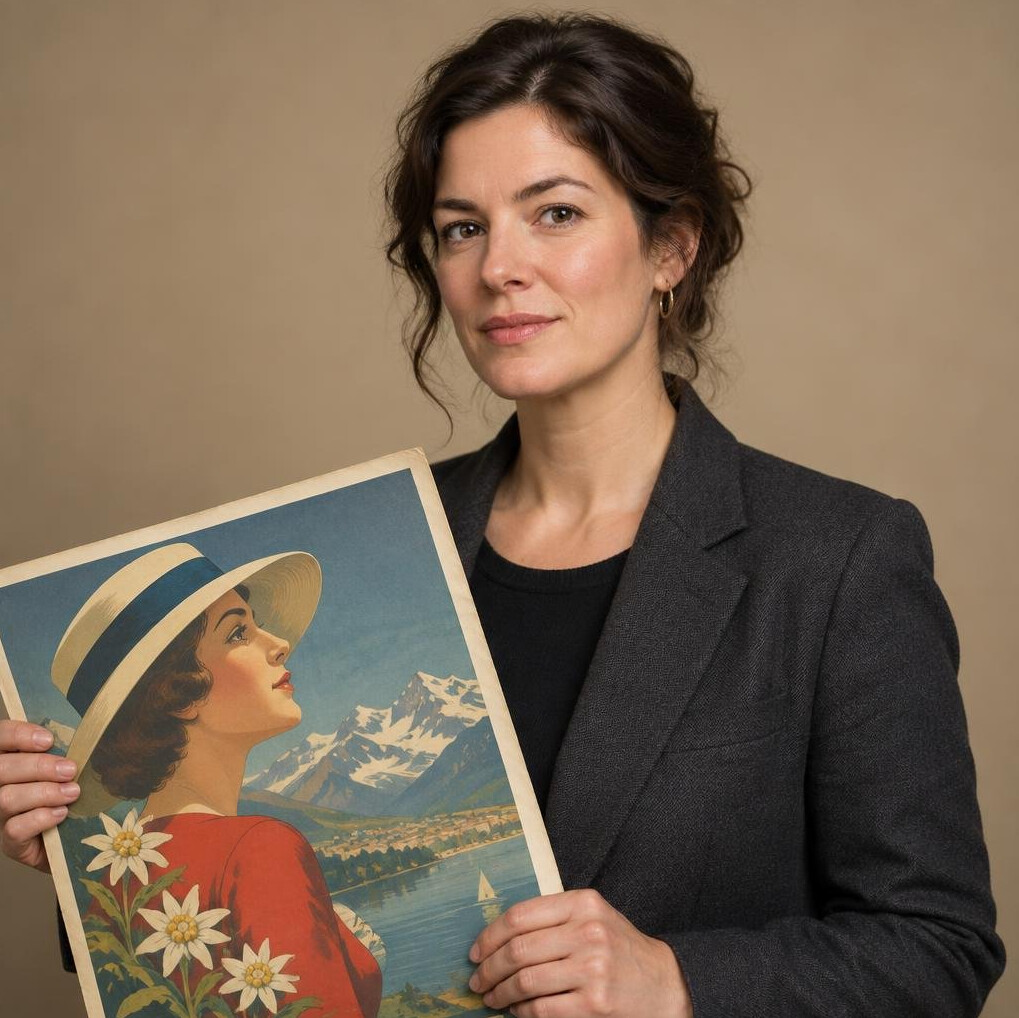 Swiss media historian examining vintage advertising posters in an archive