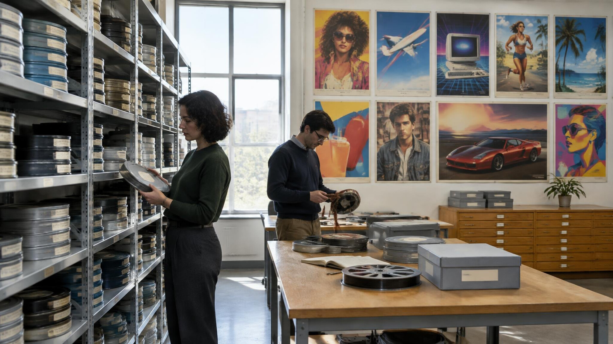 Editorial team browsing a wall of archived advertising posters and reels