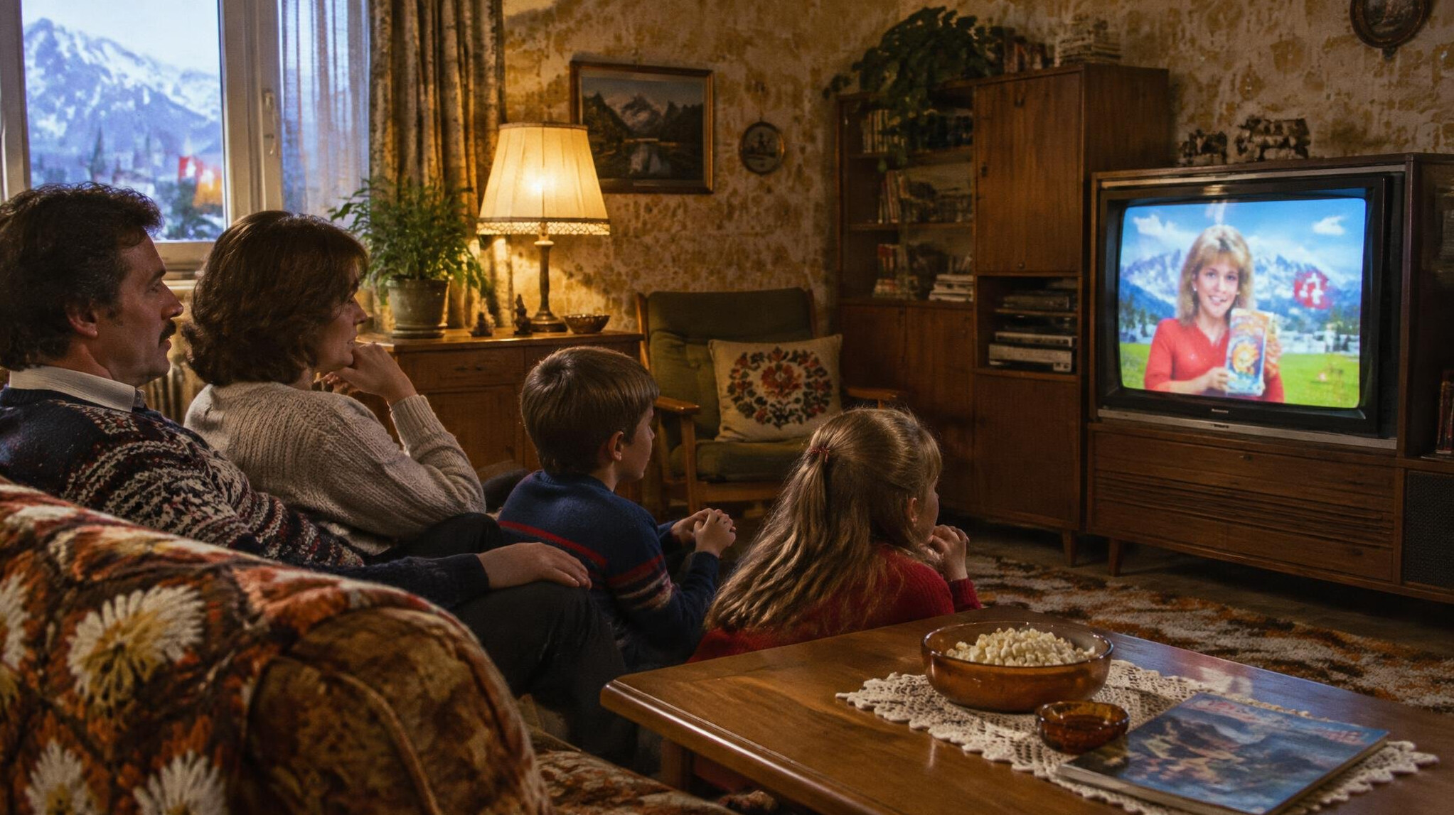Family watching a colourful television advertisement in a 1980s living room